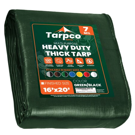 Tarpco Safety Heavy Duty Tarp, 20 ft L x 0.5 mm H x 16 ft W, 7 Mil, Green/Black, Polyethylene TS-203-16X20